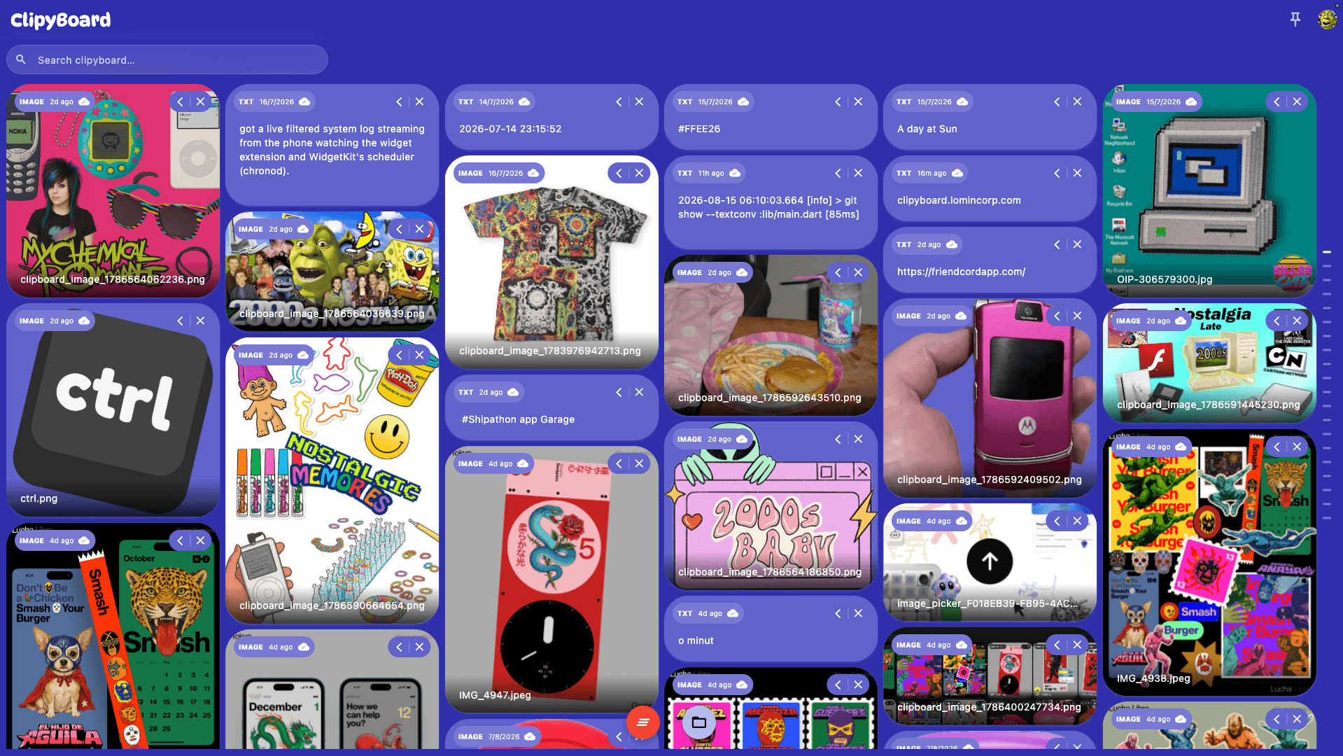 ClipyBoard showing a visual grid of saved clips